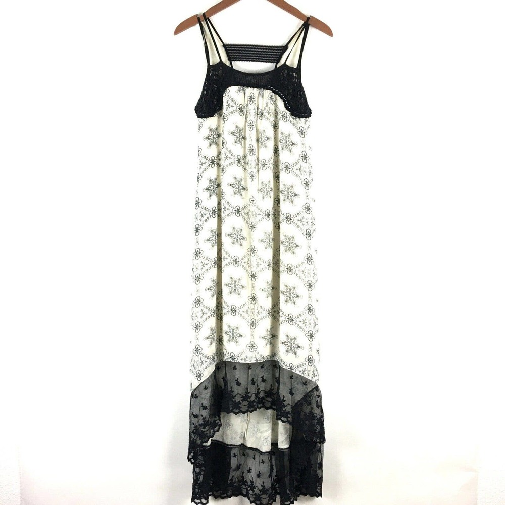 Ryu Dress Small Ivory Black Printed Sleeveless Hi-Low Maxi Chiffon Lined Lace